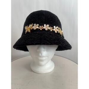 AUGUST HAT COMPANY BLACK W/ GOLD PEARL BUTTERFLY AND FLOWER EMBELLSHMENTS